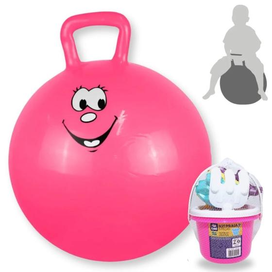 Imagem de Kit Bola Pula Pula 60 Cm Rosa com Alca + Baldinho de Praia / Brinquedo de Praia com 8 Pecas Rosa