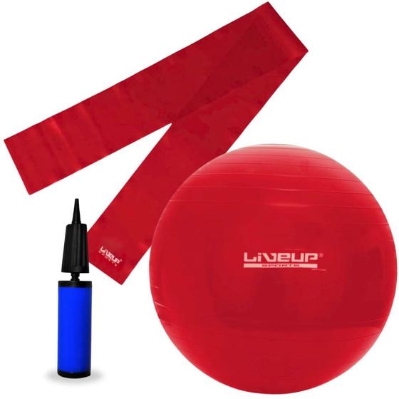 Imagem de Kit Bola Suica 45 Cm com Mini Bomba + Faixa Elastica Intensidade Leve Vermelha  Liveup Sports 