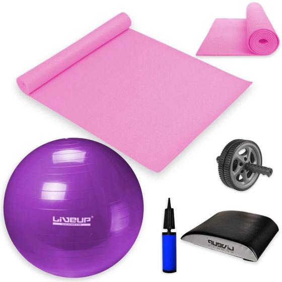 Imagem de Kit Bola Suica 55 Cm + Colchonete Eva Pilates + Roda Abdominal + Almofada Apoio Lombar + Mini Bomba  Liveup Sports 