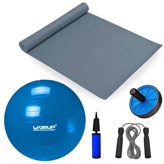 Imagem de Kit Bola Suica 65 Cm + Corda de Pular + Colchonete Eva Cinza + Roda Abdominal + Mini Bomba Liveup Sports