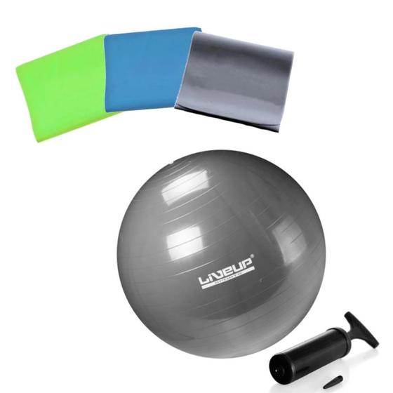 Imagem de Kit Bola Suica 85cm Pilates + Kit 3 Faixas Elasticas + Bomba