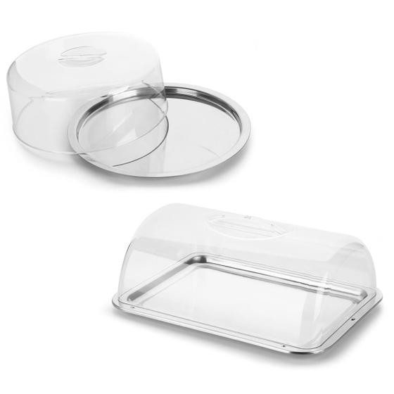 Imagem de Kit Boleira 2 peças Redonda Retangular Com Tampa Cristal Multiuso Bandeja Inox Festas Bolos