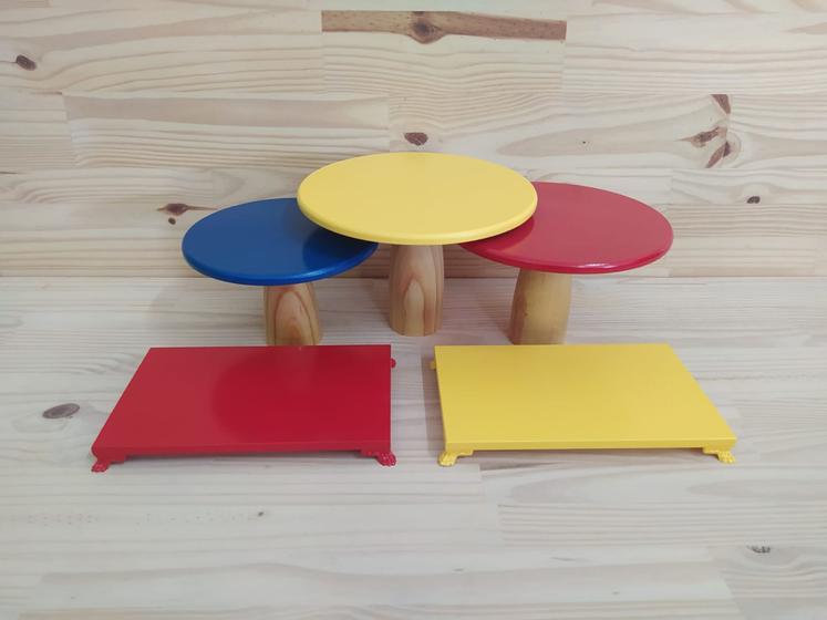 Kit Boleira Cogumelo e Bandeja Colorida MDF Festa Amarelo, Vermelho e Azul Royal Menor preço em Kit Boleira Cogumelo e Bandeja Colorida MDF Festa Amarelo, Vermelho e Azul Royal