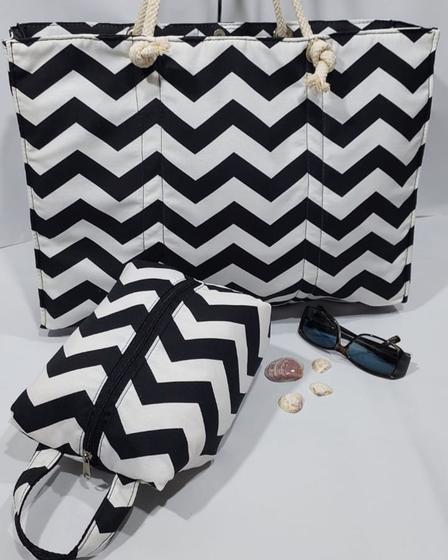 Imagem de Kit Bolsa com necessáire Feminina Grande Resistente Bolsa de Praia Verão div zig zag