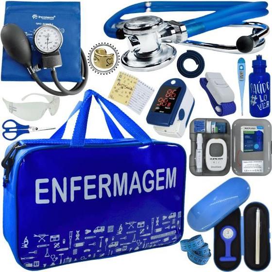 Imagem de Kit Bolsa Cores Aparelho Pressao Esfigmomanometro Medidor de Glicose Completo Enfermagem Incoterm