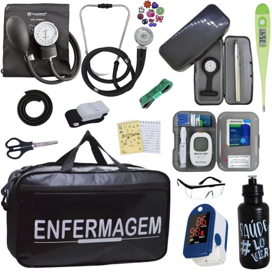 Imagem de Kit Bolsa Cores Aparelho Pressao Esfigmomanometro Medidor de Glicose Completo Enfermagem Incoterm