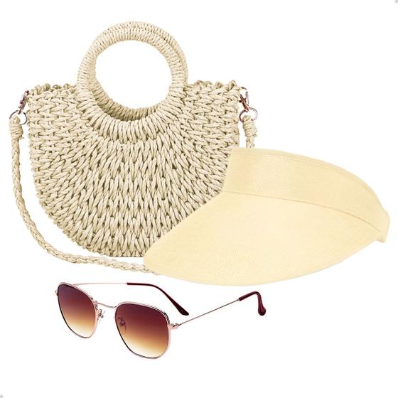 Imagem de Kit Bolsa de Palha Feminina + Viseira Solar e Óculos de Sol Verão Piscina Moda Praia