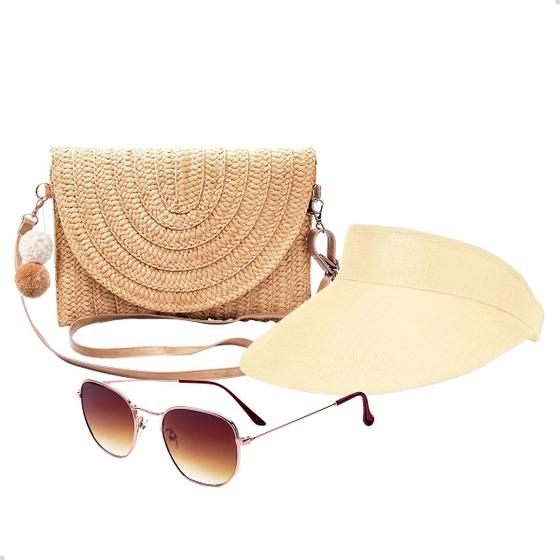 Imagem de Kit Bolsa de Palha Feminina + Viseira Solar + Óculos de Sol Uv Moda Praia Verão