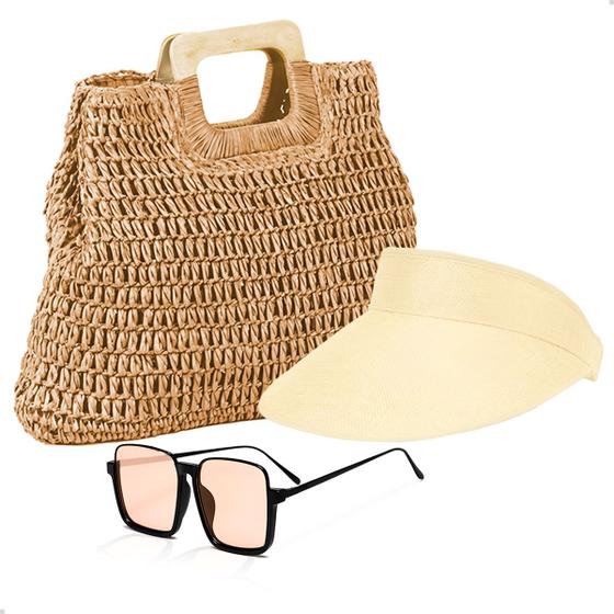 Imagem de Kit Bolsa de Palha + Viseira Moda Praia + Óculos de Sol Moda Verão Piscina 