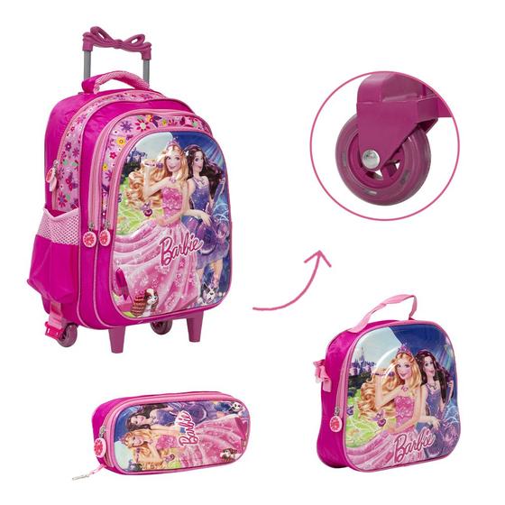 Imagem de Kit Bolsa Escolar Feminina Barbie 3D Rodinha Reforçada Tam G