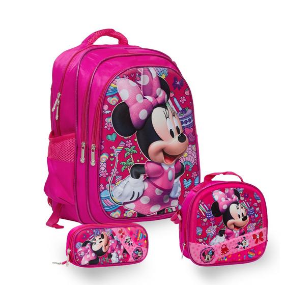 Imagem de Kit Bolsa Escolar Feminina Minnie Mouse Passeio Creche Rosa