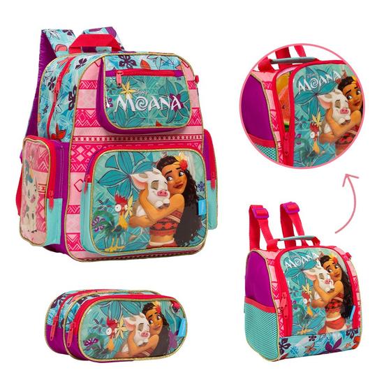 Imagem de Kit Bolsa Escolar Feminina Moana Alça Reforçada Cor Rosa