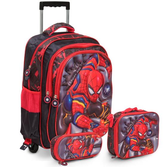 Imagem de Kit Bolsa Escolar Masculina Rodinha Homem Aranha Alto Relevo