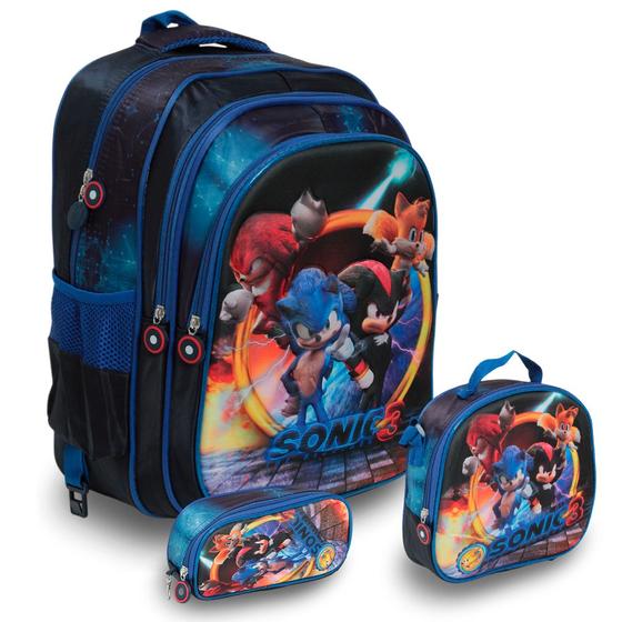 Imagem de Kit Bolsa Escolar Masculina Sonic Costas Desenho Personagens