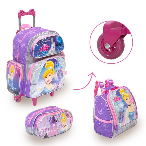 Imagem de Kit Bolsa Escolar Menina Cinderela Carrinho Passeio Creche