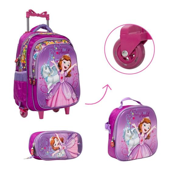 Imagem de Kit Bolsa Escolar Menina Princesa Sofia Rodinha Creche Aula