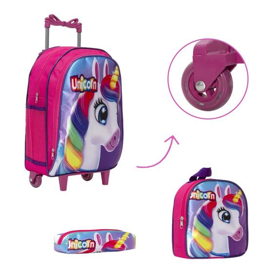 Imagem de Kit Bolsa Escolar Menina Rodinhas Unicórnio Tam G Creche