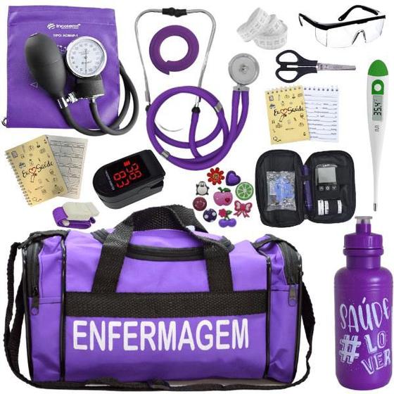 Imagem de Kit Bolsa Estágio Aparelho de Pressão Esfigmomanometro Medidor de Glicemia Completo Enfermagem