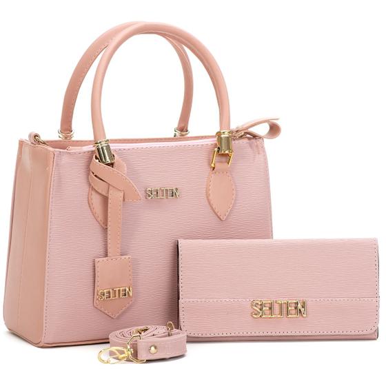 Imagem de Kit Bolsa Feminina Tote Brilho   Carteira Selten Rosa