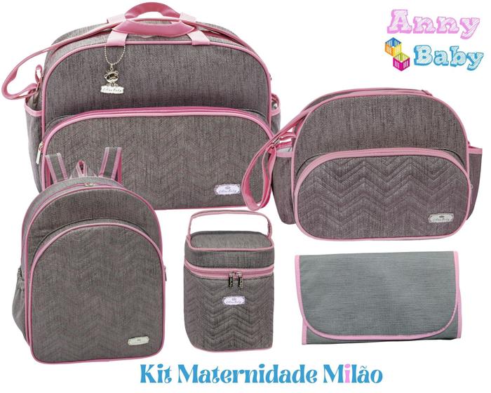Imagem de Kit Bolsa G + Bolsa P + Mochila P + Porta mamadeira e Trocador Maternidade Cinza/Rosa