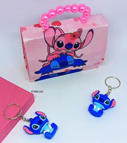 Imagem de Kit Bolsa Infantil Menina Mini Bag Disney Lilo Stitch Alça Mão Pérolas + Chaveiro com Boneco Miniatura Stiitch 3D Moda