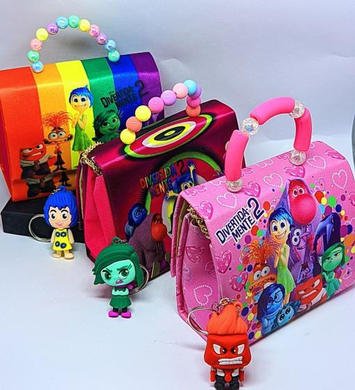 Imagem de Kit Bolsa Infantil Mini Bag alça transversal Corrente Divertidamente 2 Filme + Chaveiro Mini Boneco 3D Diverta Mente