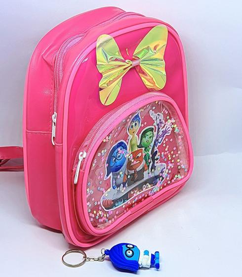 Imagem de Kit Bolsa Infantil Mini Mochila Costa Pequena metalizada Divertidamente 2 Filme + Chaveiro Boneco 3D Divertida Mente