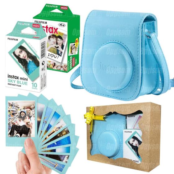 Imagem de Kit Bolsa Instax Mini Azul Com Caixa De Presente + 20 Fotos + Filme  Sky Blue