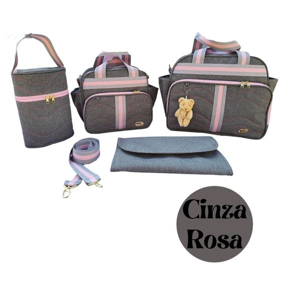 Imagem de Kit Bolsa Maternidade 4 Peças Cinza Com Rosa Luxo Faixa - 2728-1