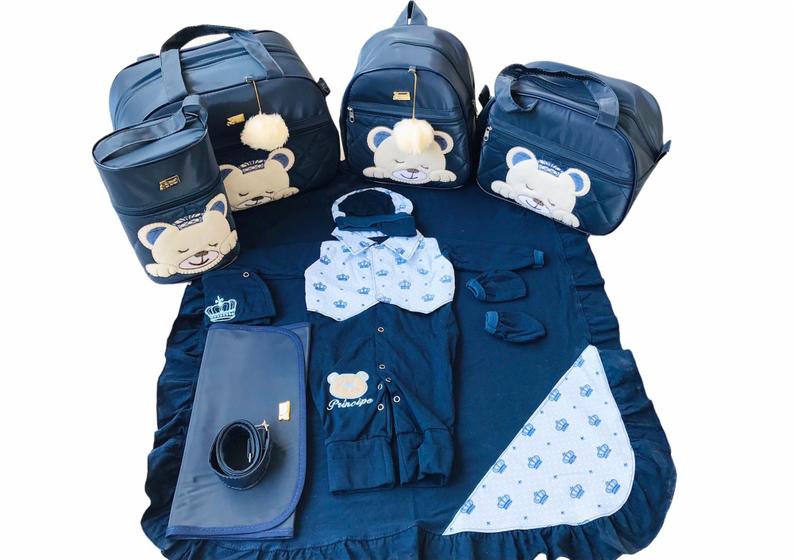 Imagem de Kit Bolsa Maternidade 5 Peças Completo Urso Dormindo Térmico Com Saída Maternidade Azul Marinho