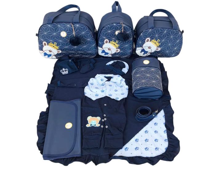 Imagem de Kit Bolsa Maternidade 5 Peças Completo Urso Príncipe Térmica Com Saída Maternidade Azul Marinho
