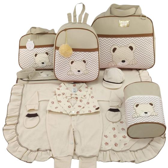 Imagem de Kit bolsa maternidade 5 peças urso chevron bege + saida maternidade menino