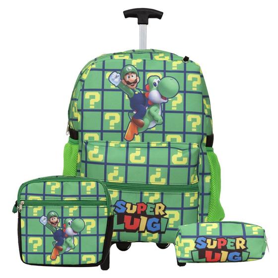 Imagem de Kit Bolsa Mochila Escolar Juvenil Super Luigi Rodas Passeio