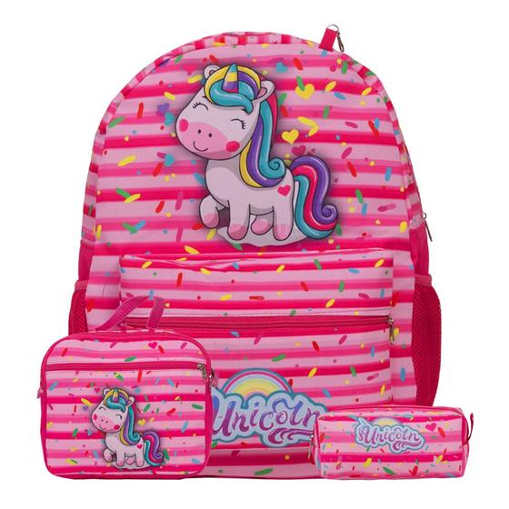 Imagem de Kit Bolsa Mochila Escolar Menina Unicórnio Envio Imediato