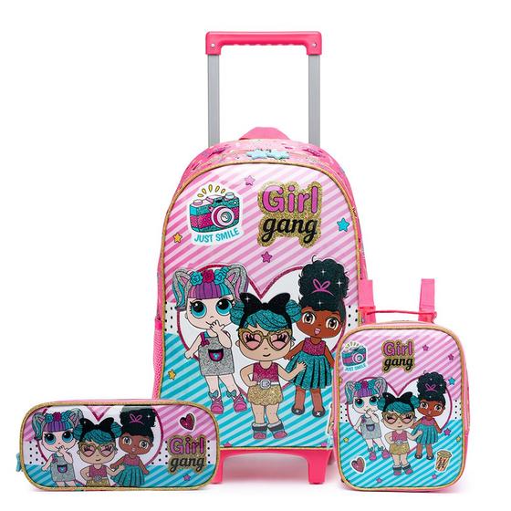 Imagem de Kit Bolsa Mochila Escolar Rodinhas Infantil Menina Lancheira Estojo