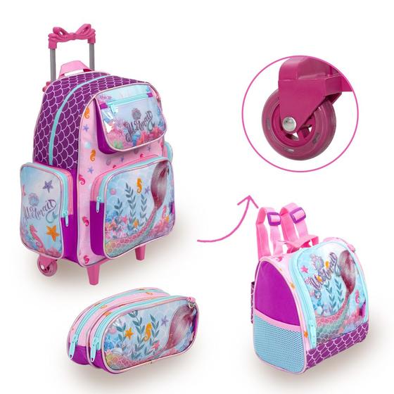 Imagem de Kit Bolsa Mochila Infantil Feminina Carrinho Sereia Passeio