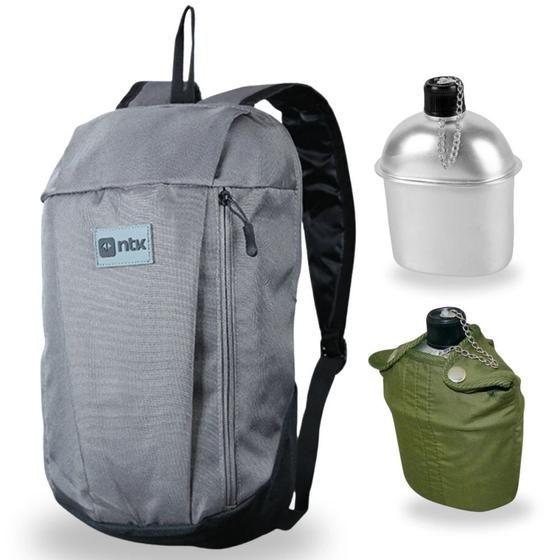 Imagem de Kit Bolsa para Caminhada Cinza Ioio Ntk + Cantil de Aluminio Nautika 900 Ml Verde Militar Camping