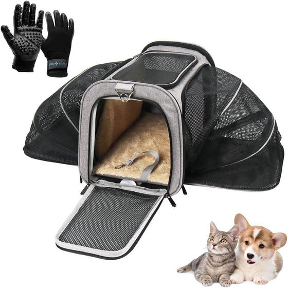 Imagem de Kit Bolsa Pet Expansivel Transporte Viagem Cachorros e Gatos Cinza + Par de Luvas Magnética