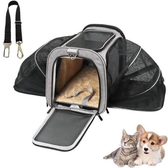 Imagem de Kit Bolsa Pet Transporte Viagem Expansível Cinza + Cinto