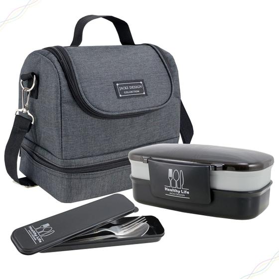 Imagem de Kit Bolsa Térmica Lancheira Grande Com Marmita E Porta Talheres Jacki Design