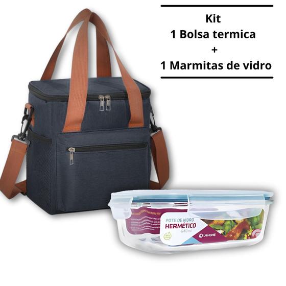 Imagem de Kit Bolsa Termica Portatil Preta e Marmita de Vidro 640 Ml Azul