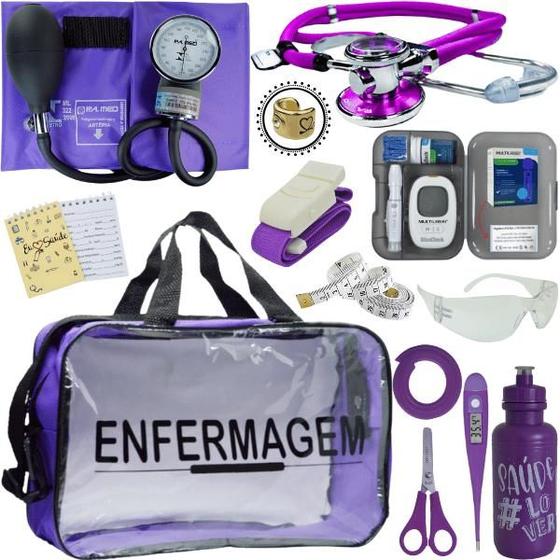 Imagem de Kit Bolsa Transparente Aparelho de Pressão Aneroide Medidor de Glicose Enfermagem Pa Med