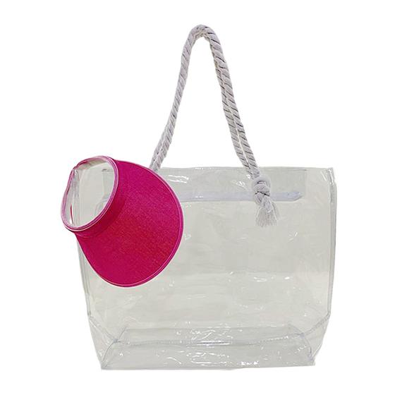 Imagem de Kit Bolsa Transparente e Viseira Feminina Praia Mercado Verão Resistente Reforçada