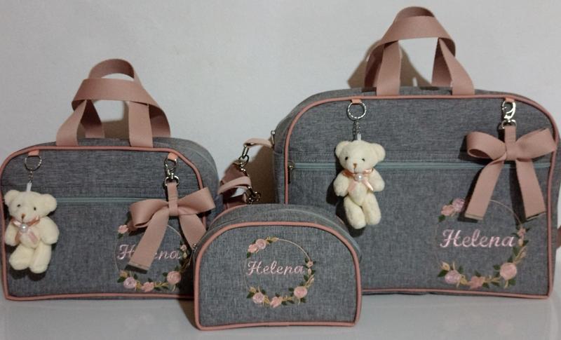 Imagem de Kit bolsas de maternidade personalizadas linho cinza com Rosê