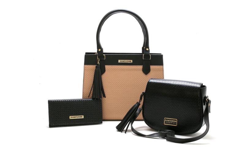 Imagem de Kit Bolsas Feminina Bicolor com Carteira Santorini Handbag Tricê Preto/Nude