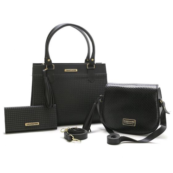 Kit Bolsas Feminina Com Carteira Santorini Handbag Tricê Preto Menor preço em Kit Bolsas Feminina Com Carteira Santorini Handbag Tricê Preto