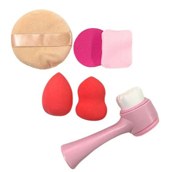 Imagem de Kit Bolsinha 5 Esponjas + 1 Escova Limpeza Facial Maquiagem