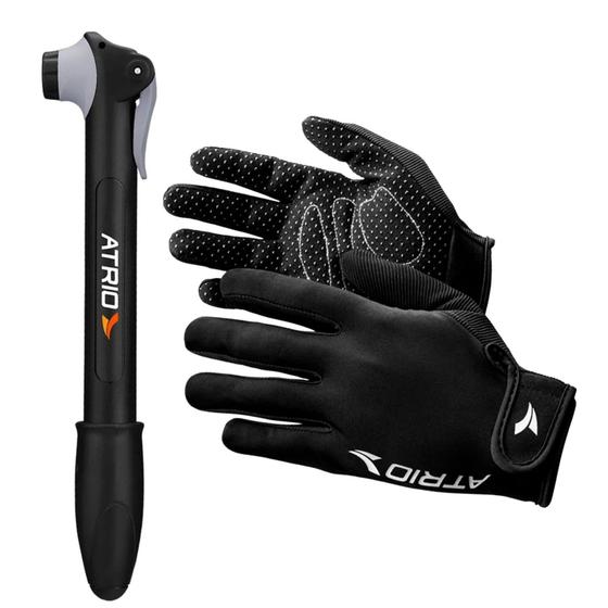 Imagem de Kit Bomba De Ar Manual Portátil para Pneus de Bicicleta com Válvula Presta e Schrader e Luva de Ciclista Tamanho M Preta