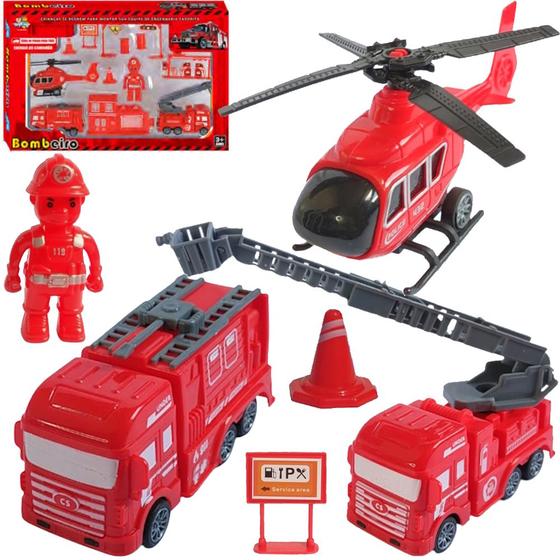 Imagem de Kit Bombeiro Carrinho Helicóptero Fricção 13 Itens Brinquedo