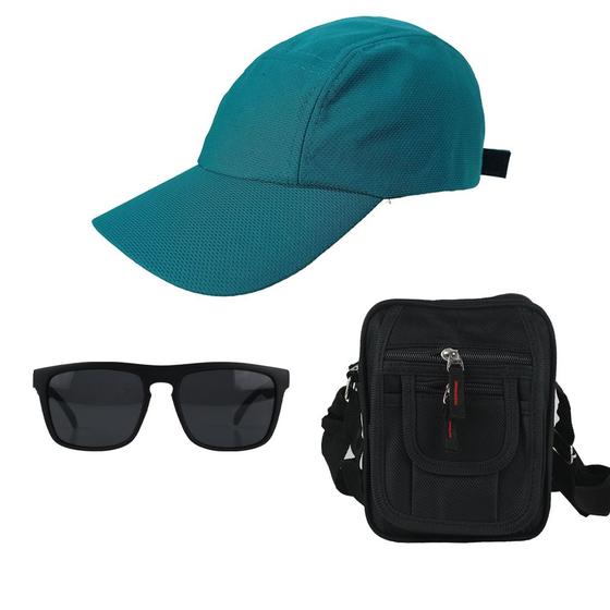 Imagem de Kit Boné Liso Oculos De Sol Com proteção UV E Bolsa Pochete Bag